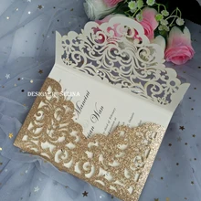 Сердечно приглашаем-розовое золото блеск Лазерная резка рукав с классическими приглашениями на свадьбу сладкий 15 день рождения Выпускной