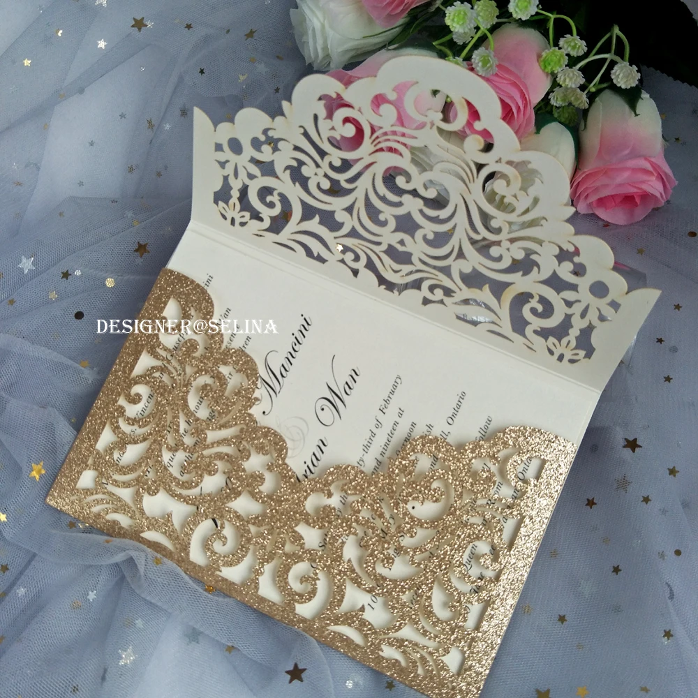 

Cordially Inviting- Rose Gold Glitter Laser Cut Sleeve with Classic Invitations for Wedding Sweet 15th Birthday Graduation