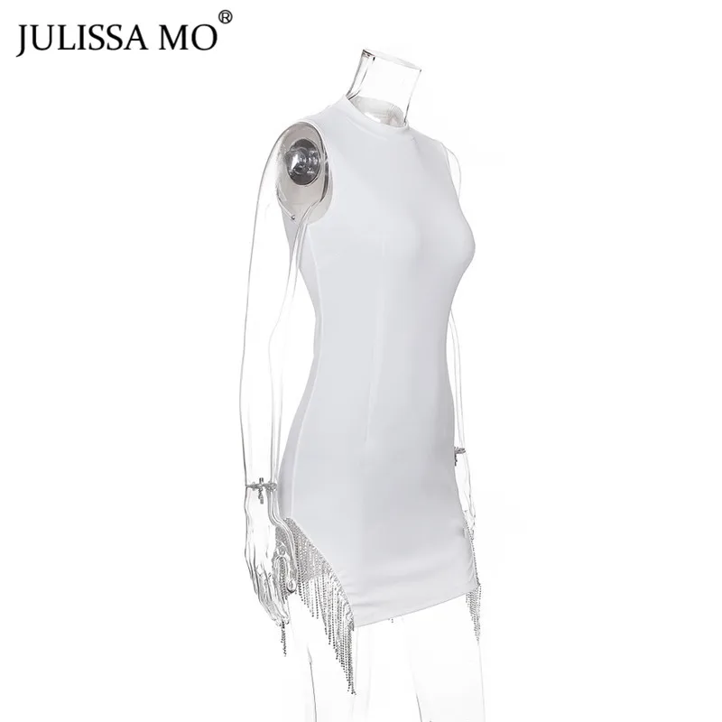 JULISSA MO белые бриллианты кисточки Вечерние платья женские модные о-образным вырезом летнее платье с разрезом от бедра без рукавов сексуальный обтягивающий мини-платья