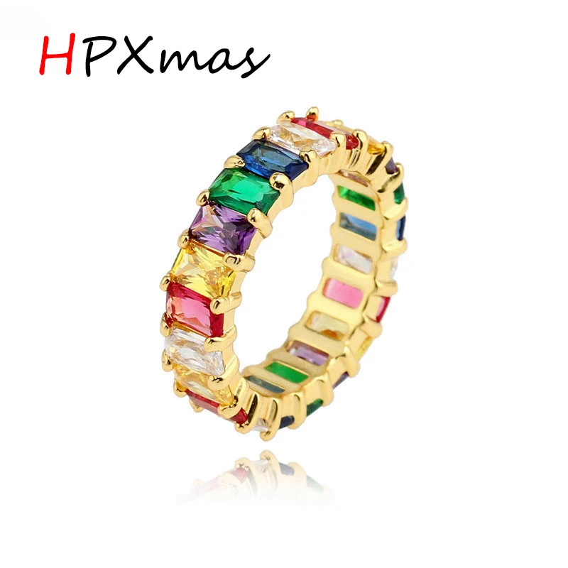 

HPXmas 2019 New Gold filled fully-jewelled Rainbow colorful multi colorcubic zirconia Eternity square baguette Finger ring A86