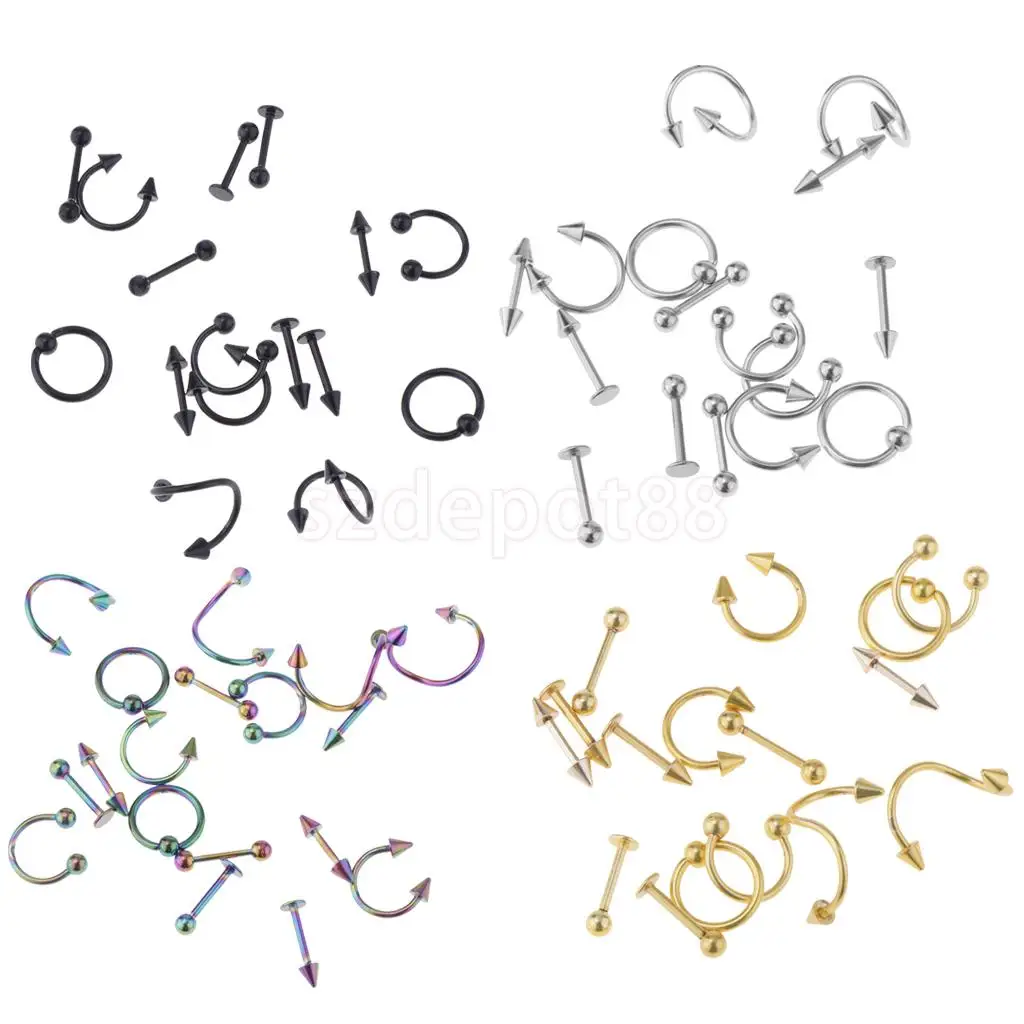 16 Pieces 16g Stainless Steel Assorted Eyebrow Ear Lip Navel Ring Body Piercing Kit