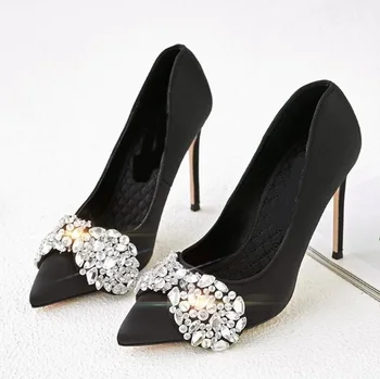 

Fashion Shoes High Heels Black Red Satin Pumps Heels Woman Crystal Buttrfly-knot Pointed Toe Stiletto Heels Dress Shoes Slip-on