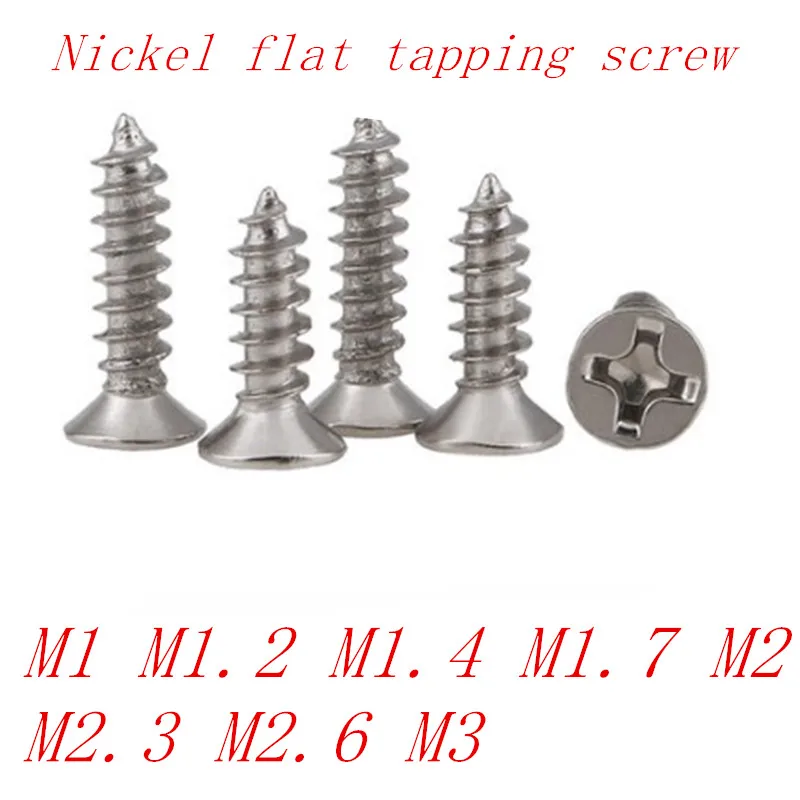 

1000pcs nickel flat head tapping screw m1 m1.2 m1.4 m1.7 m2 m2.3 m2.6 m3 nickel countersunk tapping screw
