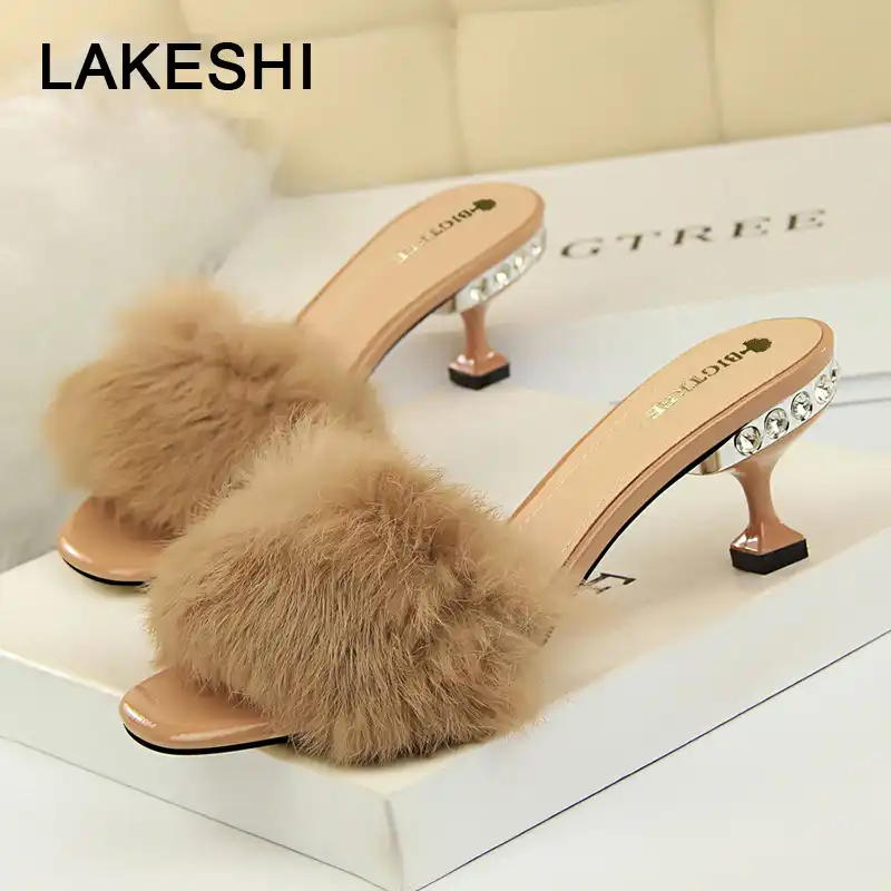 fluffy kitten heel slippers