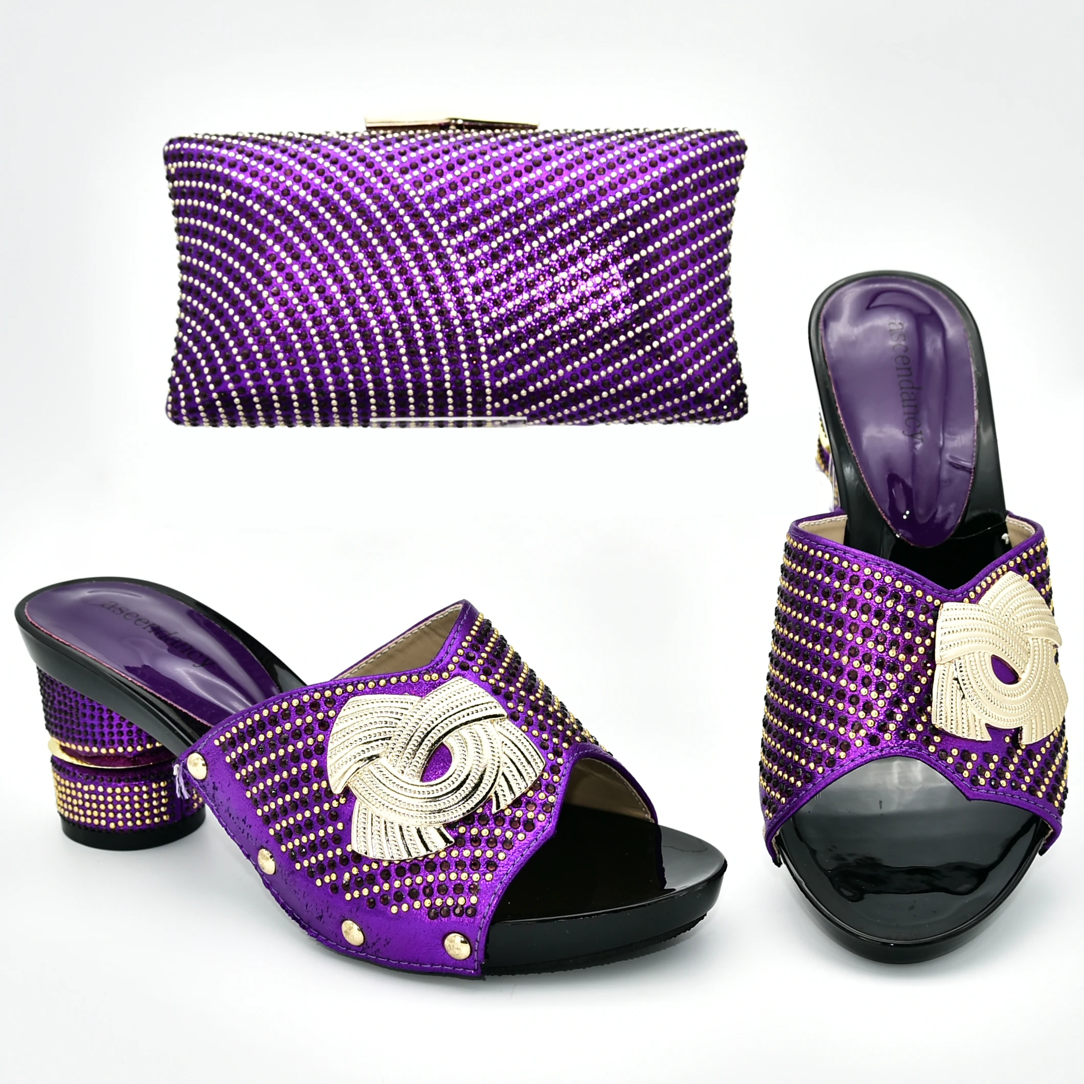 

2019 nice fashion slippers shoes and clutches bag nice purple italian shoes and bag with many stones aso ebi african SB8389-2