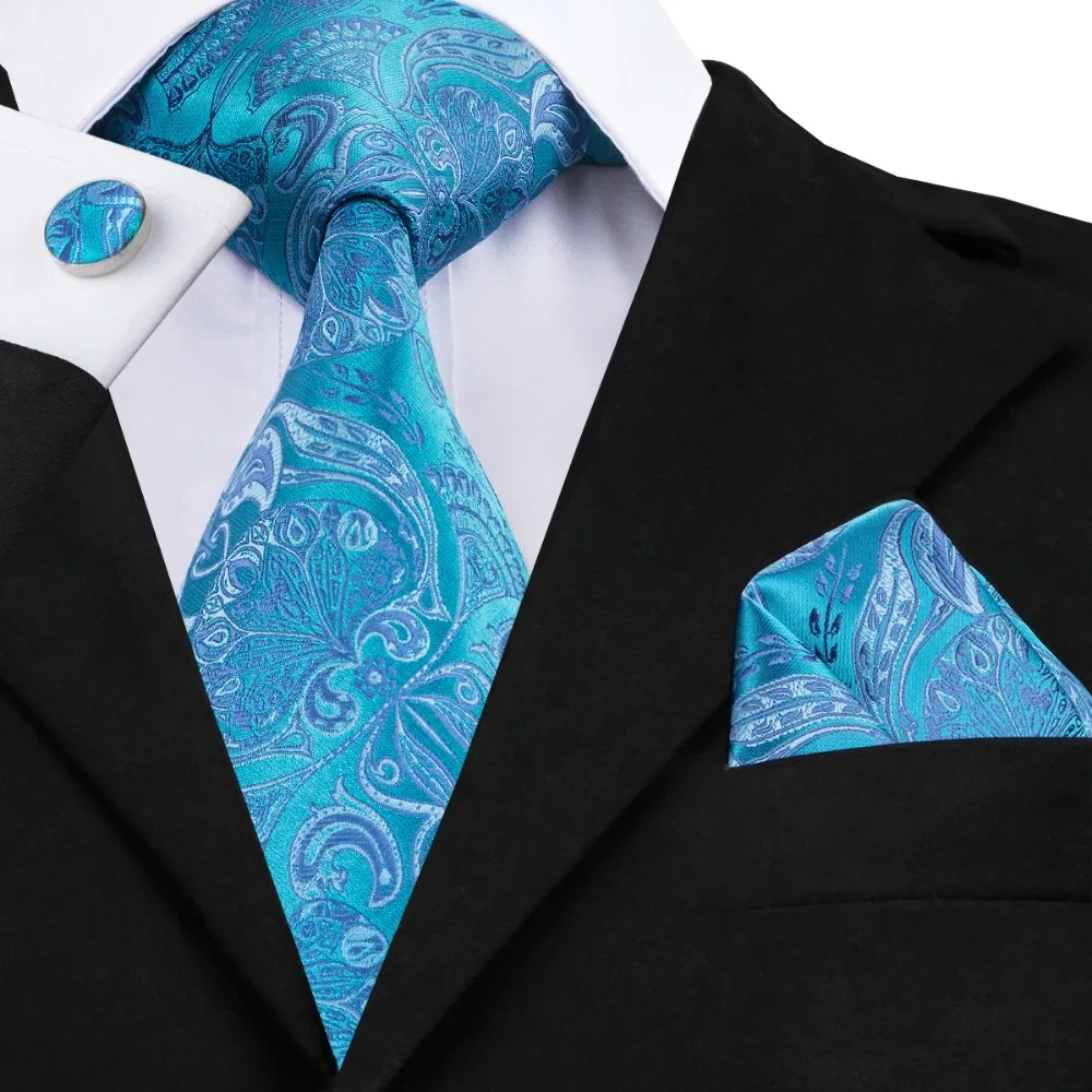 SN 368 Blue Paisley Floral Tie Hanky Cufflinks Sets Men's 100 Silk