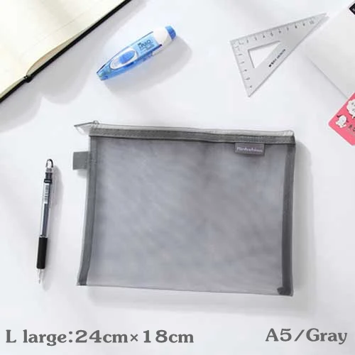 Простые однотонные Цвет Стиль прозрачной сетки Карандаш Чехол для офисного школьная Канцелярия; карандаш коробка для хранения косметических принадлежностей, сумка-мешок - Цвет: L-large-A5-Gray