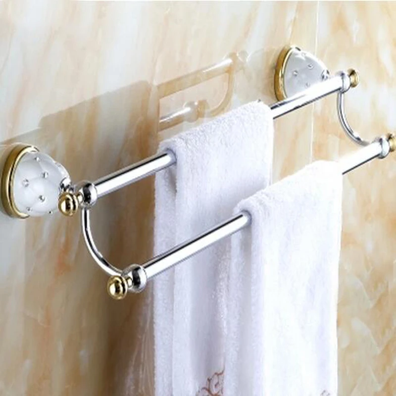 Wholesale And Retail Luxury Ceramic Inlaid Crystal Towel Rack Holder Chrome & Golden Dual Towel