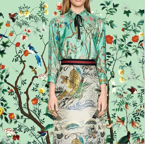 

blue and pink color trees with birds print silk satin fabric,polyester fabric for women dress tissue imitate silk fabric