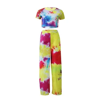 

Summer Fashion Tie Dye Outfits Women Crop Top T Shirts Trousers Jumpsuit Summer Ladies Tee Wide Leg Pants Outfit Femme Tracksuit
