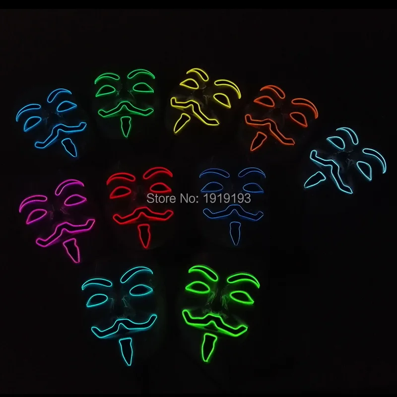 New Style 10 Color Optional EL wire Fashion V for VENDETTA Halloween Cosplay MASK Costume Glowing LED Neon holiday lighting Mask New Style 10 Color Optional EL wire Fashion V for VENDETTA Halloween Cosplay MASK Costume Glowing LED Neon holiday lighting Mask