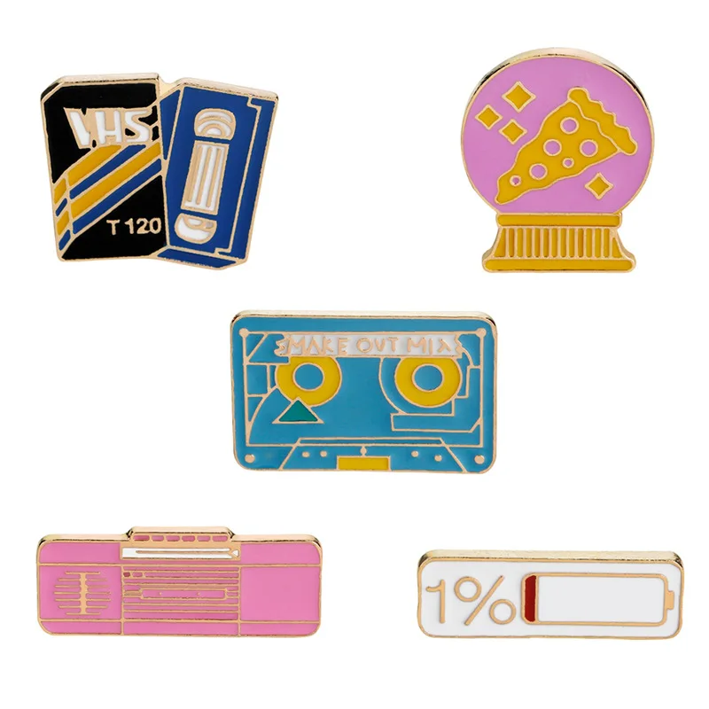 

Creative Pizza gift ball Enamel Shirt Badge Cartoon recorder tape brooch Fashion 1% power VHS Denim Jacket Pin Buckle Jewelry