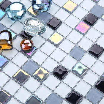 

Modern Iridescent Black White Crystal Glass Mosaic Tile, Kitchen Backsplash Bathroom Shower Showroom Hall Wall Tiles