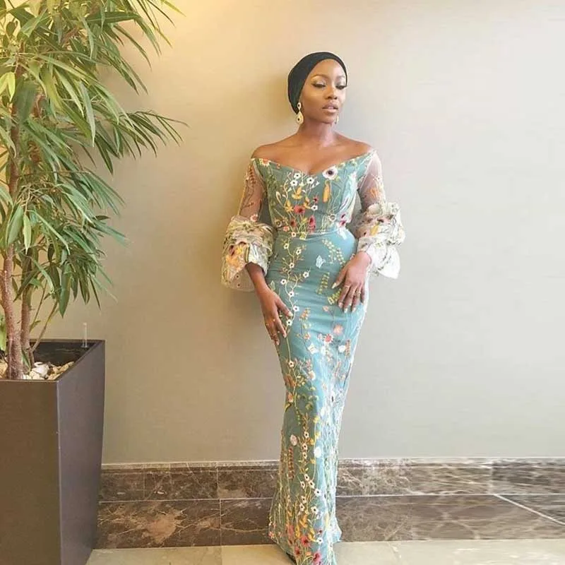 

Saudi Arabia Floral Embroidery Evening Gowns Aso Ebi 3/4 Long Sleeve Mermaid Prom Gowns South African Nigerian Prom Party Wear