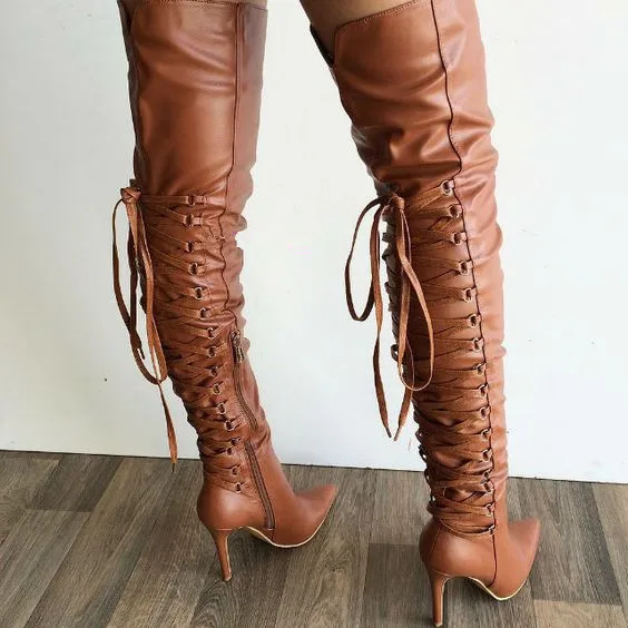 

Botas Mujer Winter Cross-tied Thigh High Boots Pointed Toe Over The Knee Boots Street Style High Heels Women Motorcycle Boots