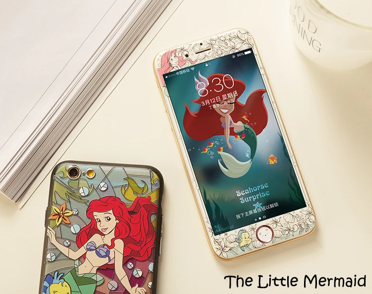 Для iPhone 8/7 plus чехол принцессы+ пленка для экрана из закаленного стекла, милый чехол из ТПУ с русалочкой Алисой для iPhone 7 6 6S Plus fundas+ ремешок