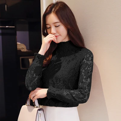 Корейская кружевная рубашка с вышивкой, Женская водолазка, флисовая плотная женская футболка с длинным рукавом, топы на осень и зиму, ropa mujer T80301 - Цвет: Black t shirt