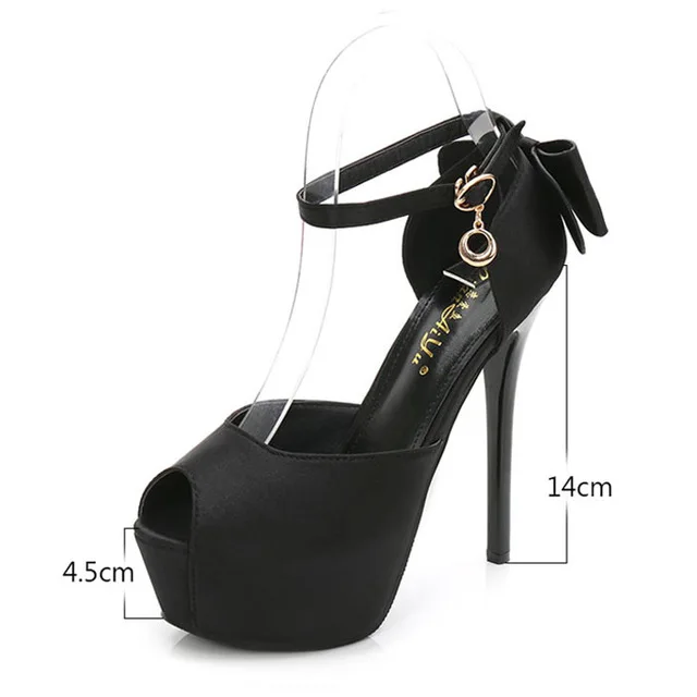 Туфли с открытым носком на высоком каблуке с ремешком на лодыжке; женские туфли-лодочки; обувь на платформе; женские летние босоножки; женская обувь на шпильке с бабочкой - Цвет: 14cm Black
