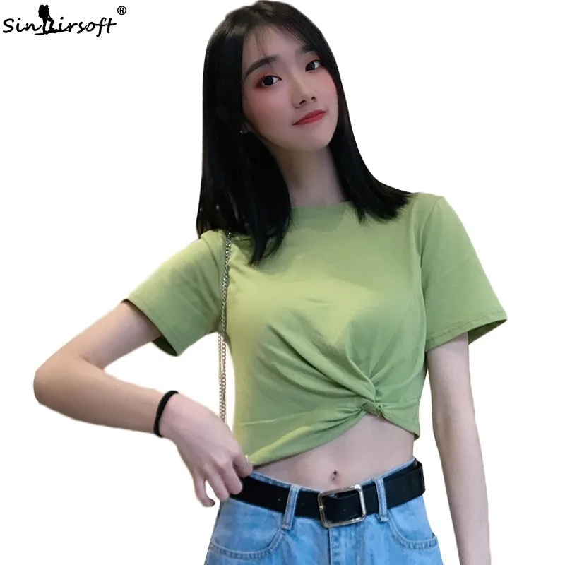 

Women Tshirt Summer Fashion Round Neck Short Split T-shirt Women Casual Simple Black Gray Green Tops Tees Clothing New 2019