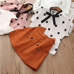 Humor Bear/Новая летняя одежда для малышей, модная футболка в горошек с галстуком-бабочкой + юбка с изображением кота и зонтика, комплект детской