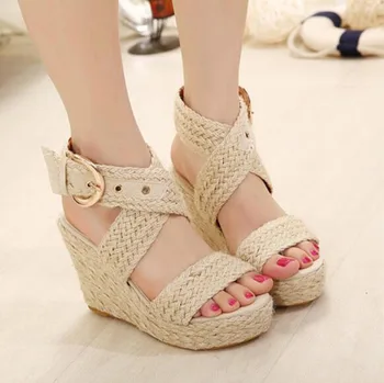 

Explosion Models Fashion New Bohemian Hemp Heel Shoes Women'S Sandals Height Increasing Anti-Skid Wedges Rome Shoes Female