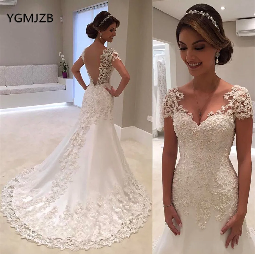 Robe-de-mariage-Ivory-Backless-Lace-Mermaid-Wedding-Dresses-2018-V-Neck-Short-Sleeve-Wedding-Dress