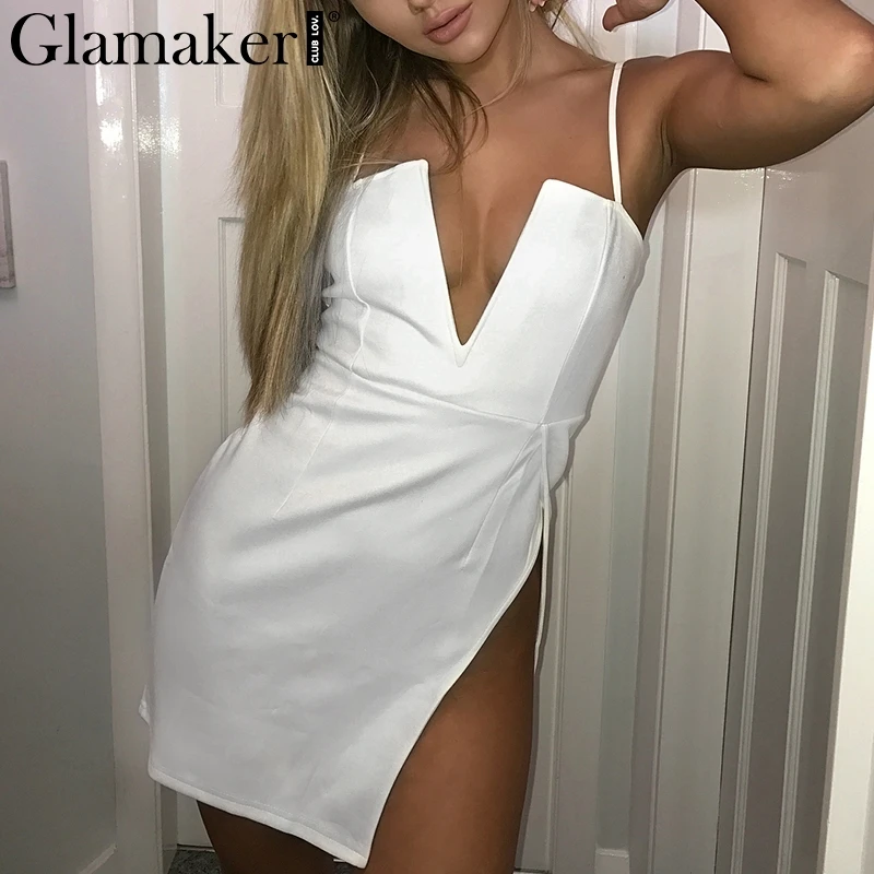 

Glamaker Strap deep v neck white sexy dress Women side split mini club party dress vestidos Female red holiday summer dress 2018
