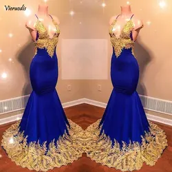 Платье с юбкой годе Королевского синего цвета платья для выпускного вечера 2019 с золотой кружевная Апликация Новые африканские бусы