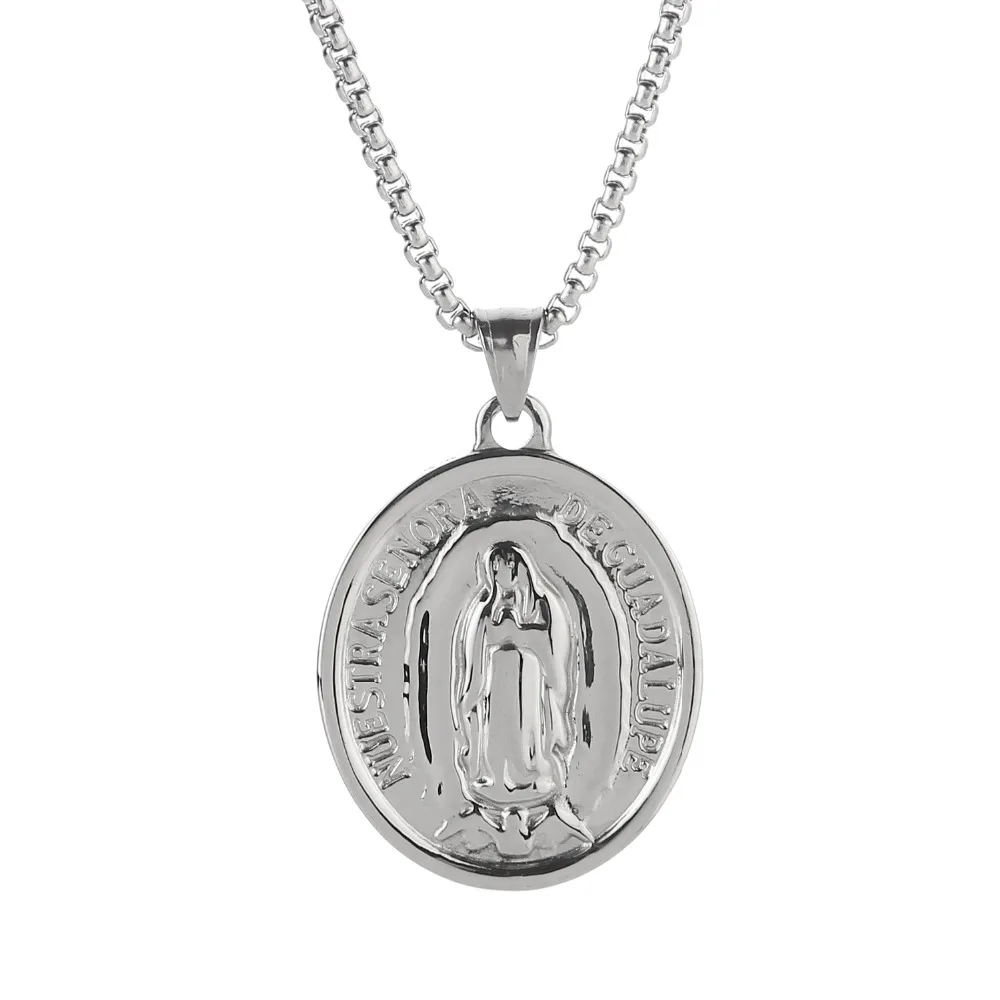 

Virgen de Guadalupe Pendant Necklace Stainless Steel Silver Tone Chain 24"