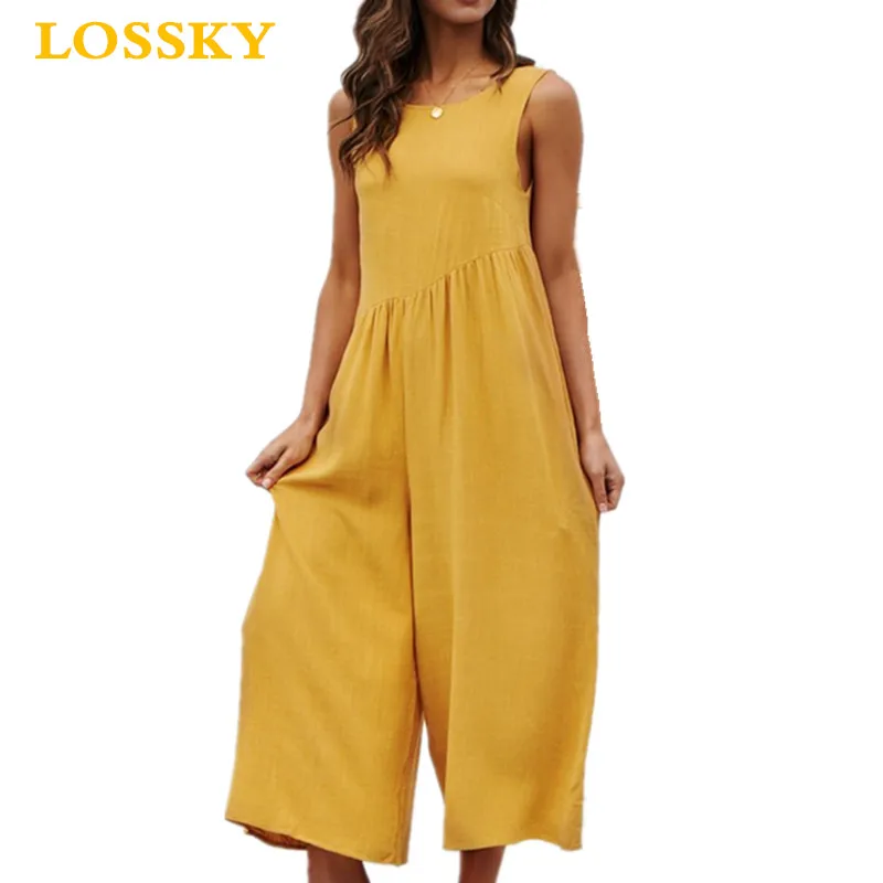 LOSSKY Wide Leg Solid Jumpsuit Sexy Sleeveless Backless Women Jumpsuits Casual Loose Pocket Basic Ladies Romper Jumpsuit Fashion