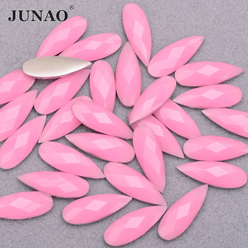 

JUNAO 8*22mm Neon Light Pink Teardrop Rhinestone Applique Flatback Resin Gems Decoration Crystal Stones Non Sewn Diamond Strass