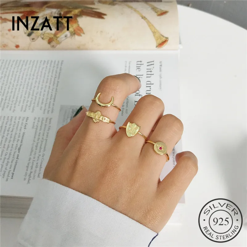 

INZATT Real 925 Sterling Silver Personality Resizable Ring Moon Star Shield Baby Initial Letter For Women Boho Statement Jewelry