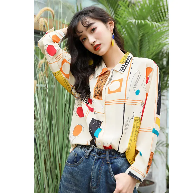 

New Print Chiffon Shirt Women Autumn 2019 Chic Vintage Style vetiver Print Design Sense Loose Chiffon Tops
