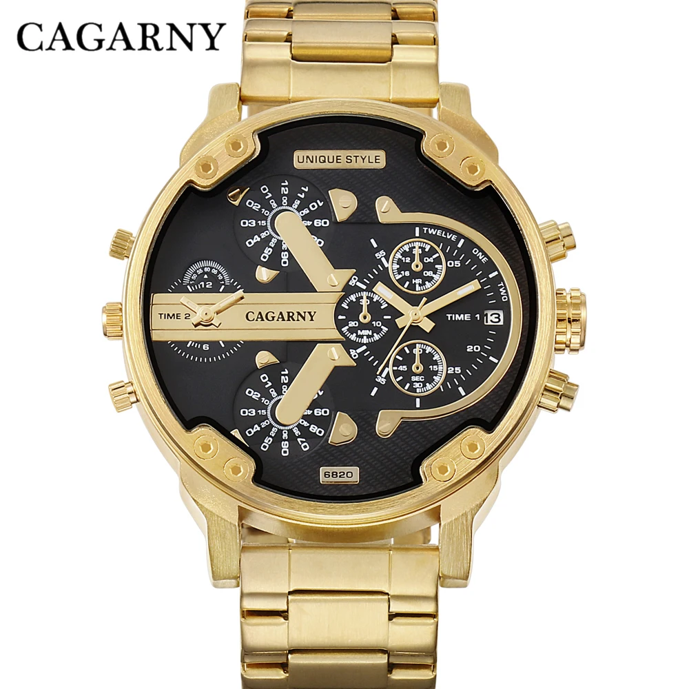 Cagarny Watches Men Fashion Quartz Wristwatches Cool Big Case Golden Steel Watchband Military Relogio Masculino Diesel Style dz
