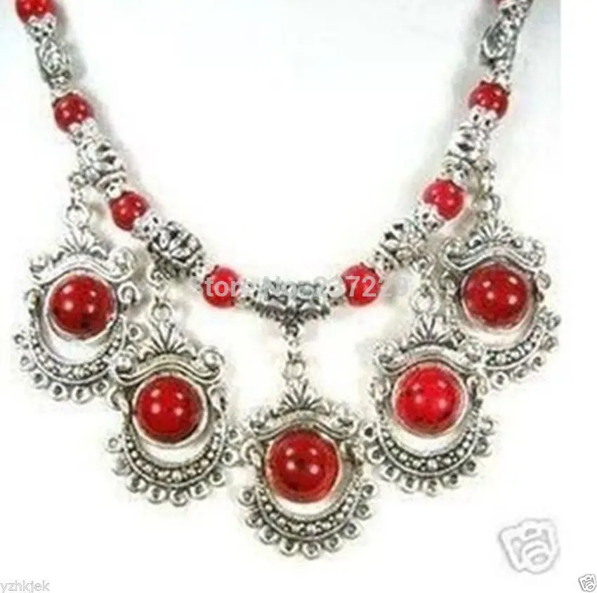 

DD Wholesale XSZ2014 ^^Rare Tibet Tribal jewelry Silver Red Coral Necklace