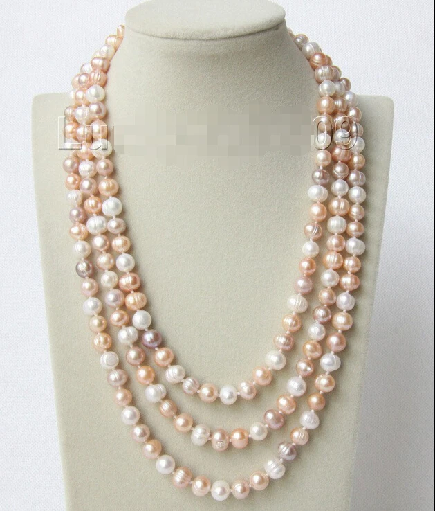 

FREE shipping>>>Genuine baroque 62" 10mm white pink purple Multicolor pearls necklace e2059