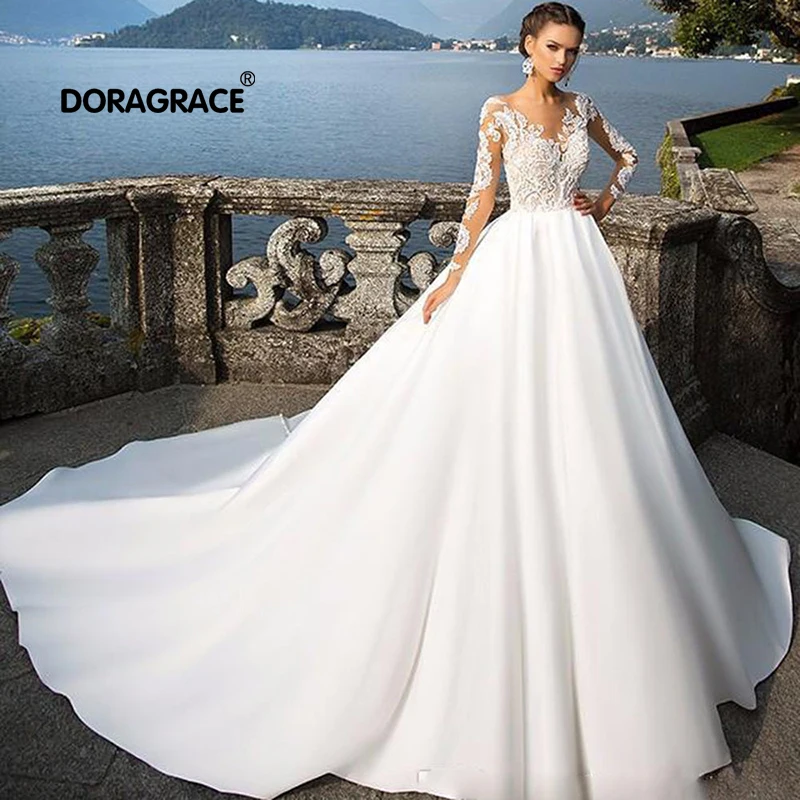 

Doragrace vestidos de noiva Applique Lace Illusion Long Sleeves Wedding Dresses Beach Wedding Gowns