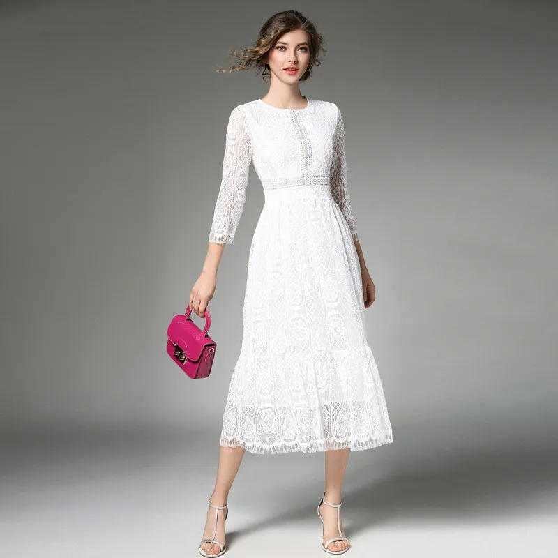 White Lace Dress 2018 Women Long Summer Dress Elegant Hollow Out Lace ...