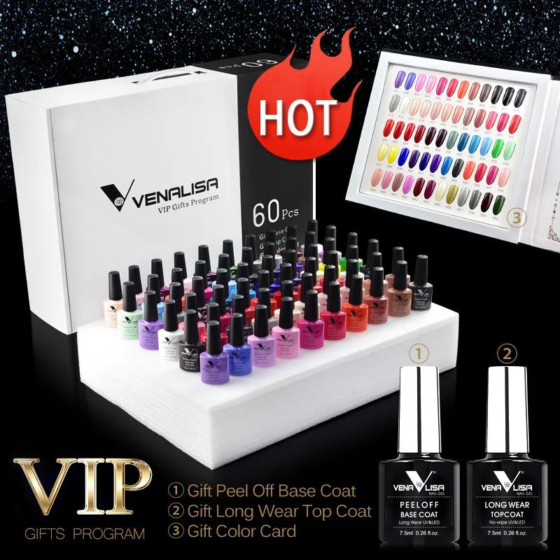 #61508 Venalisa 60 الألوان اللون هلام مجموعة بما في ذلك قاعدة/أعلى هلام المهنية مسمار الفن هلام حيرة طويلة الأمد هلام البولندية