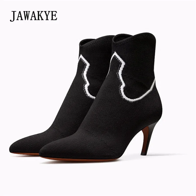 

2018 Spring Newest Knit Sock Boots Woman Pointed Toe White Patchwork High Heel Boots Women Fashion Ankle Boots