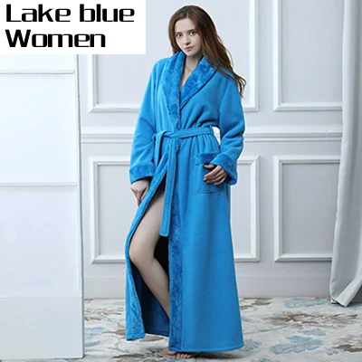 Мужской женский утепленный флисовый термальный удлиненный халат для мужчин размера плюс, зимнее кимоно, теплый банный халат, мужской халат, меховые халаты - Цвет: Women Lake blue