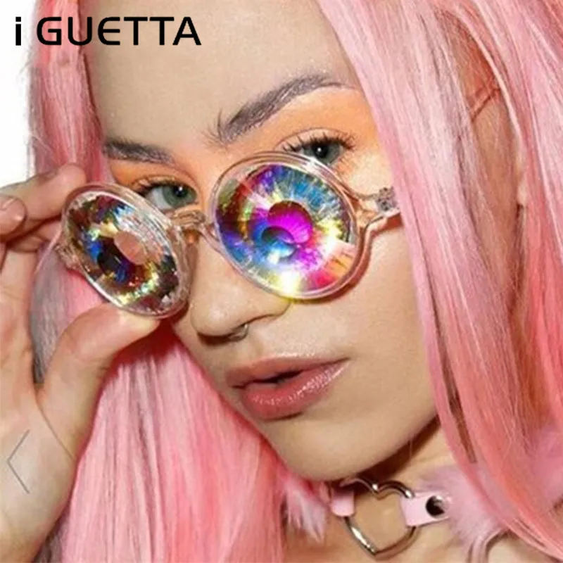 

iGUETTA Unisex Round Kaleidoscope Glasses Rave Mosaic Crystal Sunglasses Club Party Psychedelic Prism Diffracted Lens IYJA506