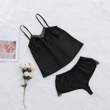 Женская одежда для сна, Сексуальный Атласный пижамный комплект, кружевная Пижама с v-образным вырезом, укороченный топ без рукавов и шорты# XTN