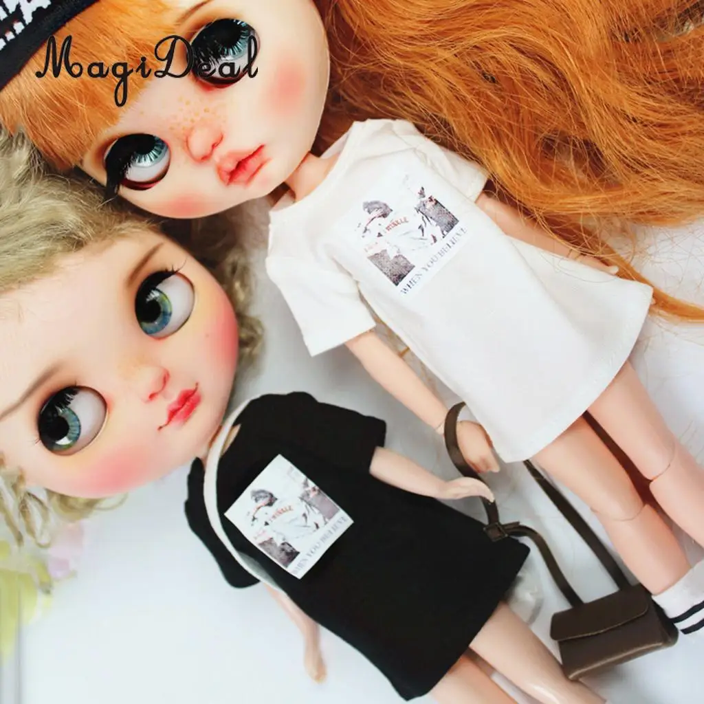 Cute Girl Doll Printing Long T-Shirt Short Sleeve for 1/6 Blythe Doll Dress Up Accessory