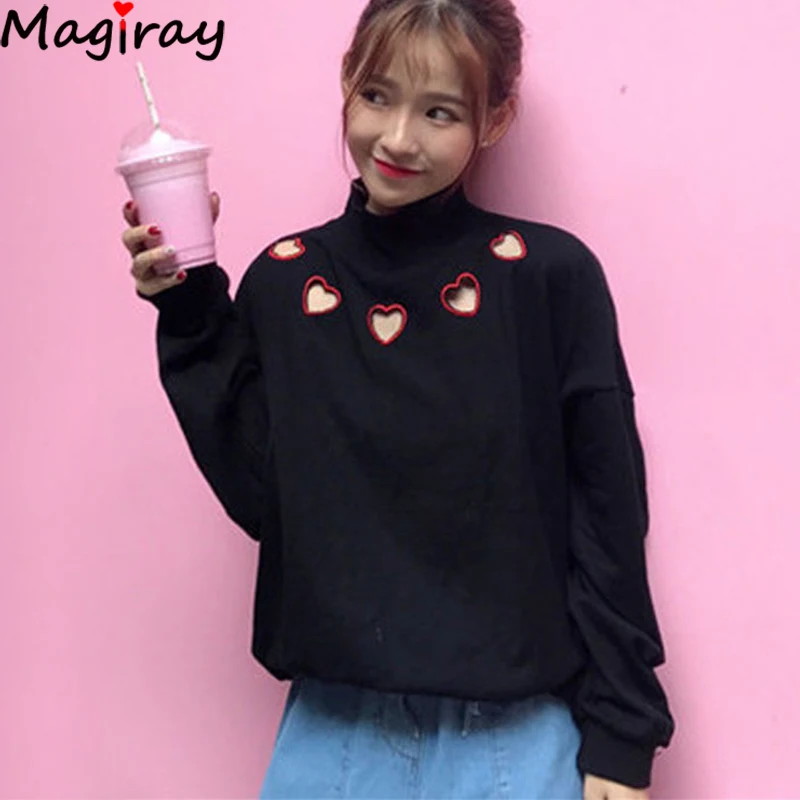 Ceny Magiray Harajuku z długim rękawem jesień zima bluza bluzy z kapturem damskie Kawaii miłość serce otwór koreański ubrania biały top sweter C180