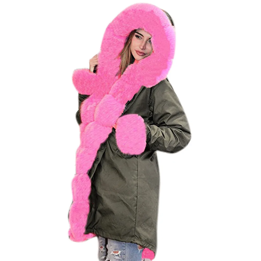 Меховое пальто зимние куртки женские зимние теплые модные рыбий хвост свободные плотные розовые с капюшоном с хлопковой подкладкой из искусственного меха
