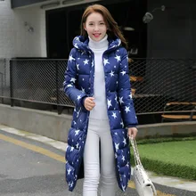 2016 Fashion Winter Cotton Padded Jacket Women Slim Thick Stars Print Female Coat Parka Warm Winter Long Jackets Ladies Overcoat
