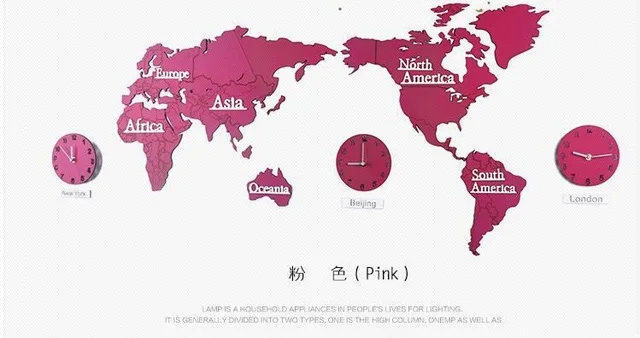 3D Карта мира большие настенные часы DIY Деревянные МДФ цифровые настенные часы деревянные часы Современный европейский стиль круглый немой relogio de parede - Цвет: Розовый