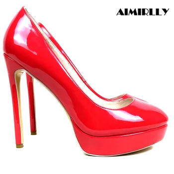 

Women's Shoes Platform Pumps Round Toe High Heels Stilettos Ladies Wedding Party Clubwear Dress Shoes Red Patent Leather Slip On