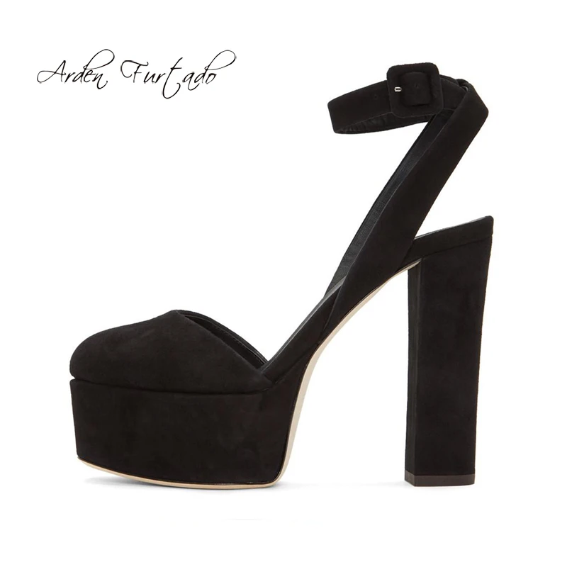 Arden Furtado 2019 summer high heels platform chunky heels 12cm sandals large size 45 black suede closed toe ankle strap shoes